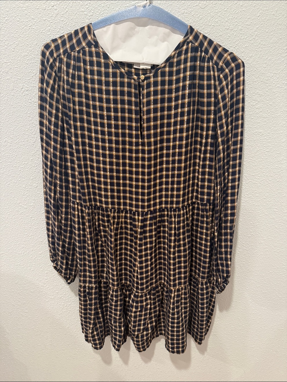 LOFT Black and Tan Plaid Tiered Mini Dress